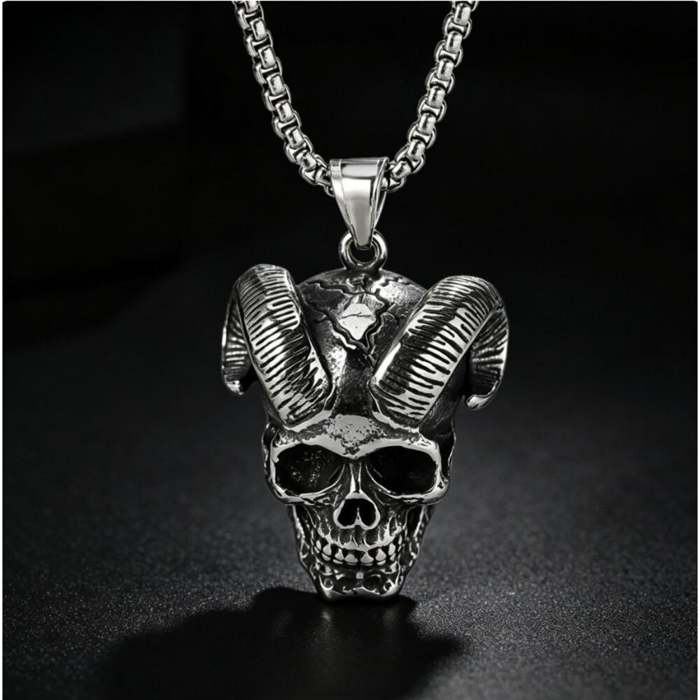 Gothic Ram Skull Pendant Necklace Stainless Steel Biker Punk Dark Jewelry
